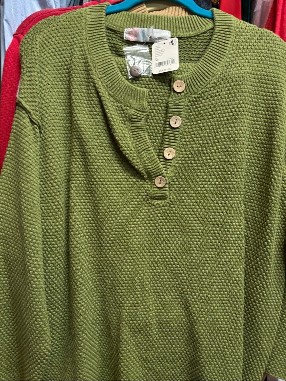 Free People Olive Green Waffle-Knit Henley Sweater